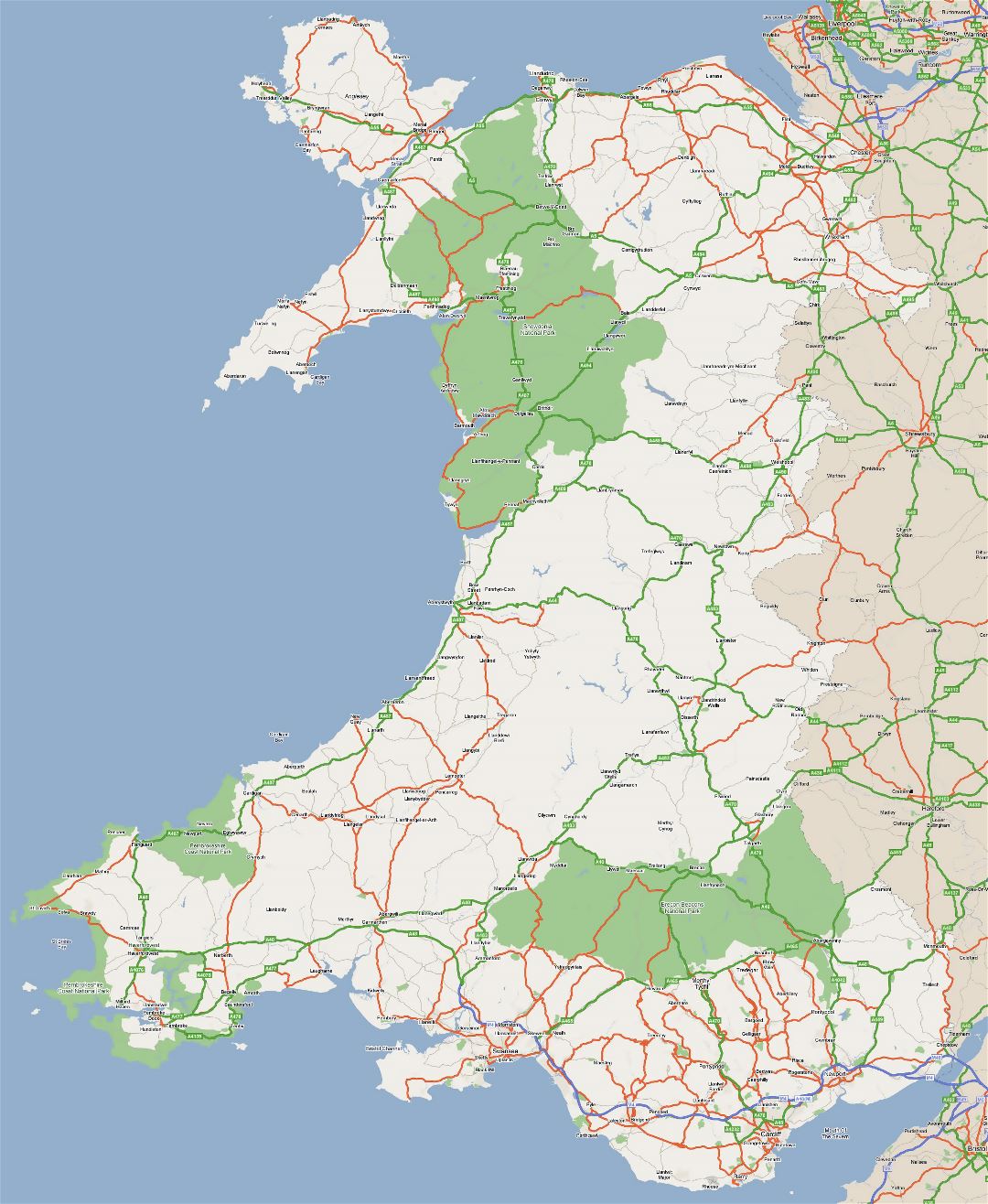 Large detailed road map of Wales with cities