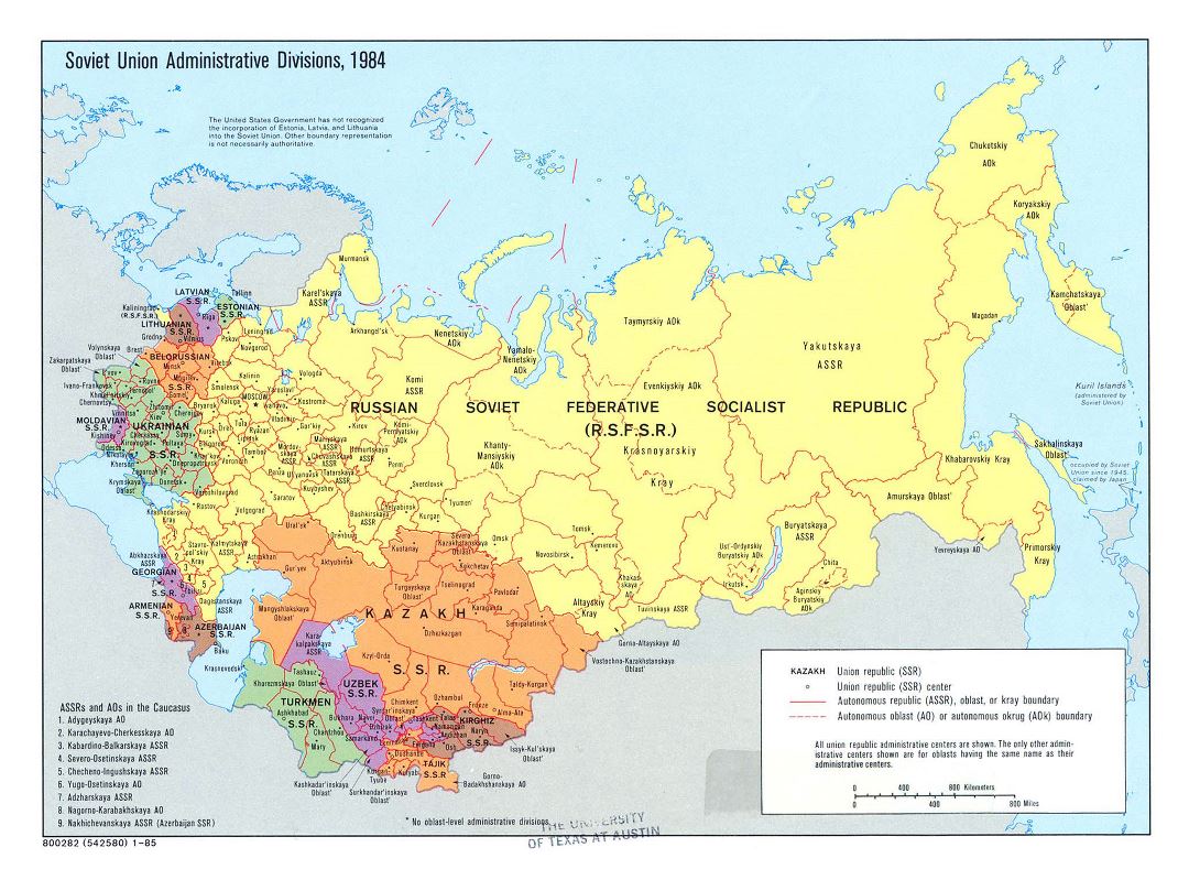 Large detailed administrative divisions map of the Soviet Union (U.S.S.R.) - 1984