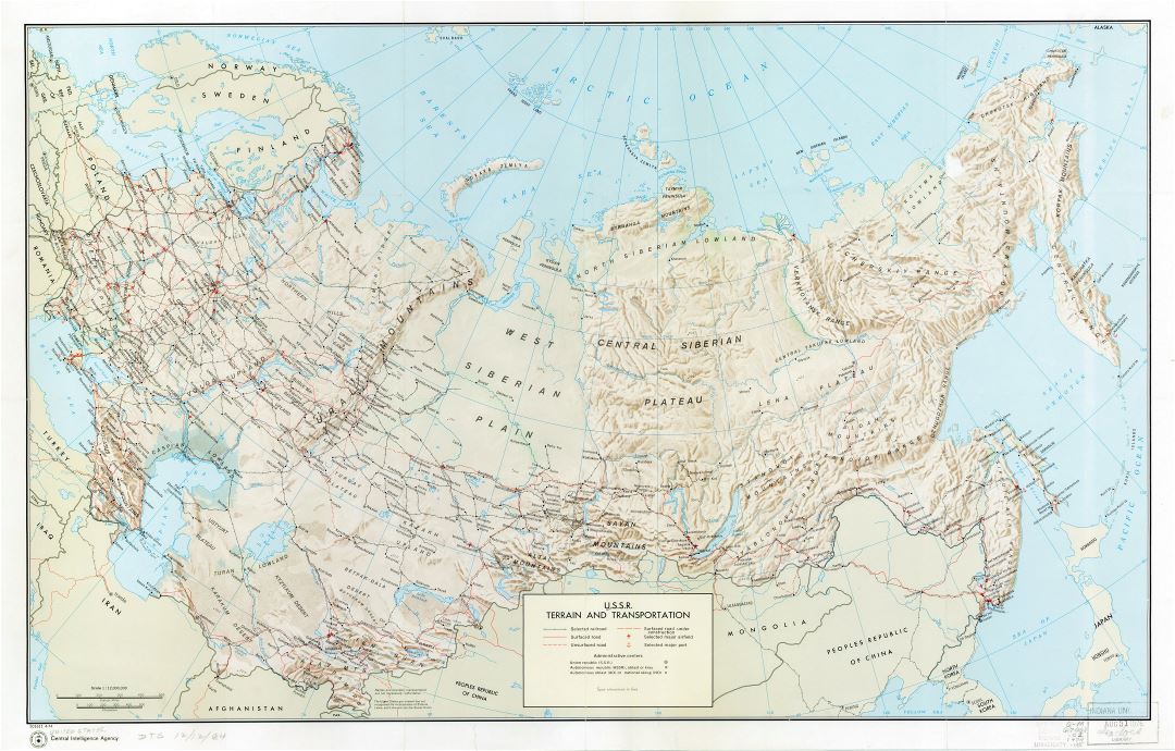 Large detailed terrain and transportation map of the U.S.S.R. - 1974