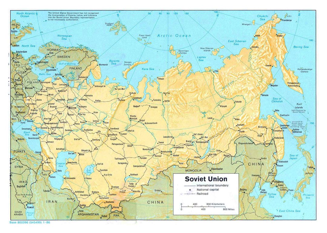 Large political map of the USSR with relief, railroads and major cities - 1986