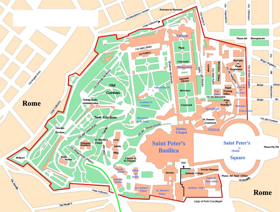 Detailed political map of Vatican city with buildings