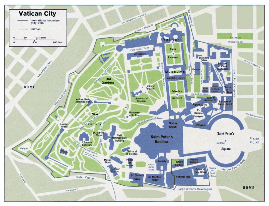 Detailed political map of Vatican city with railroads