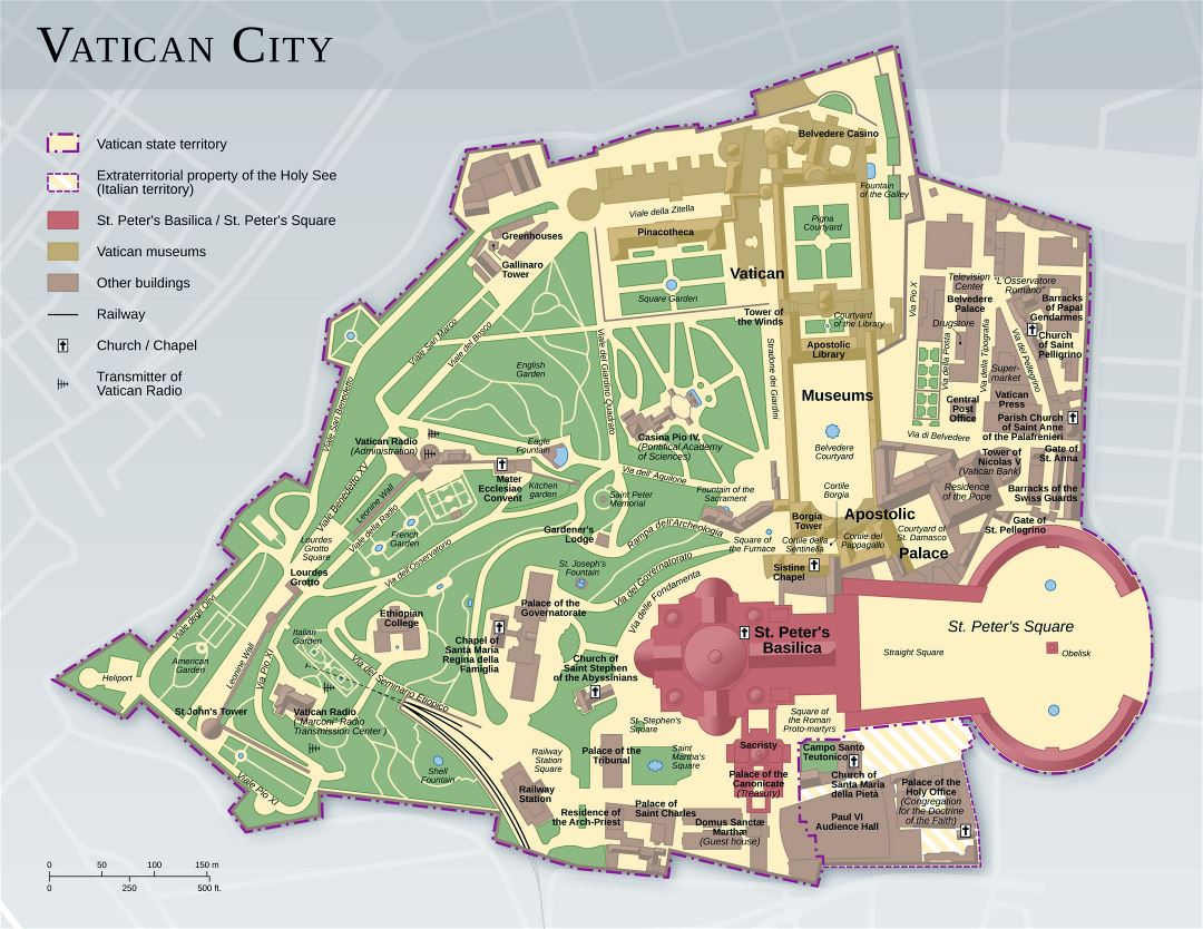 Large detailed map of Vatican city with other marks
