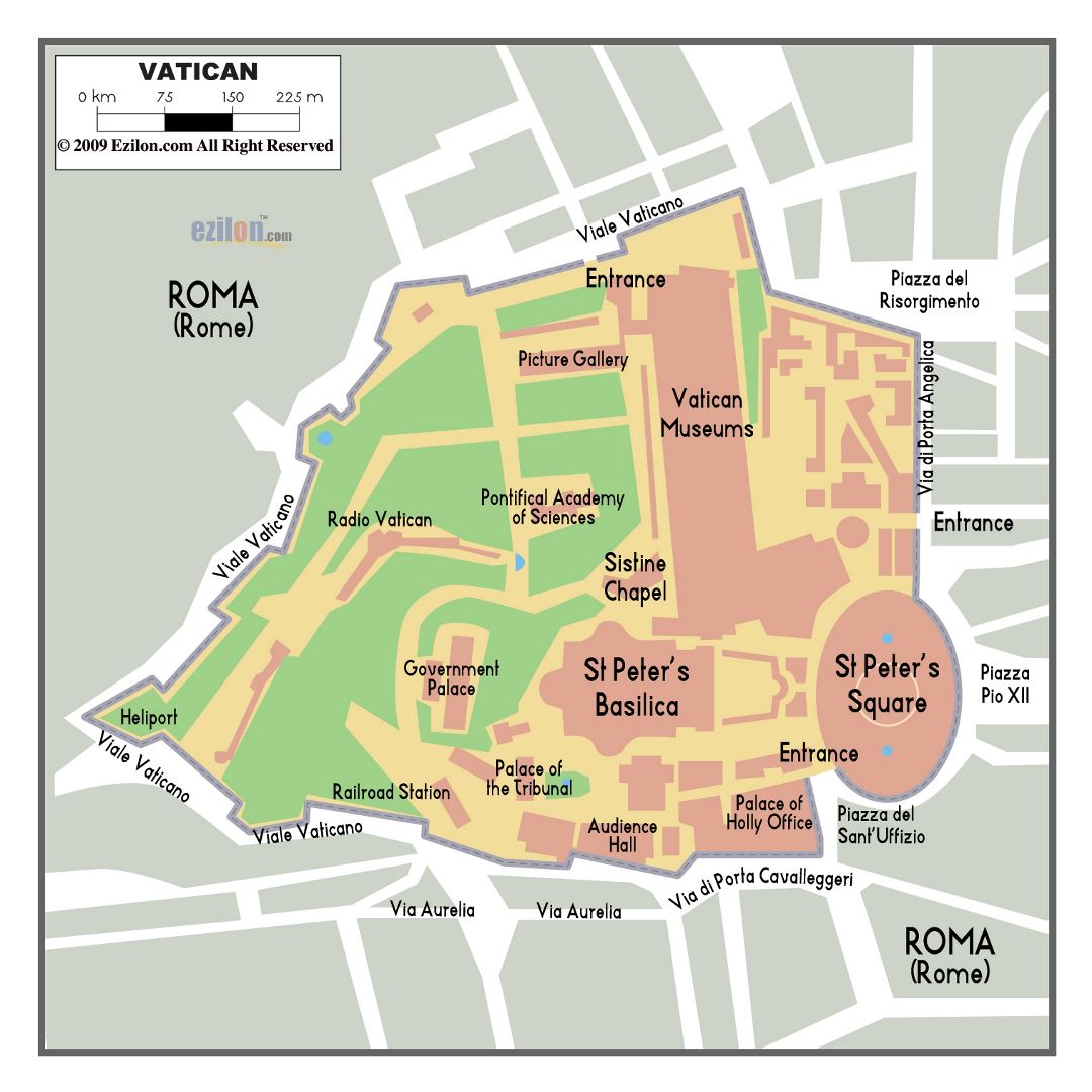 Large political map of Vatican city with buildings