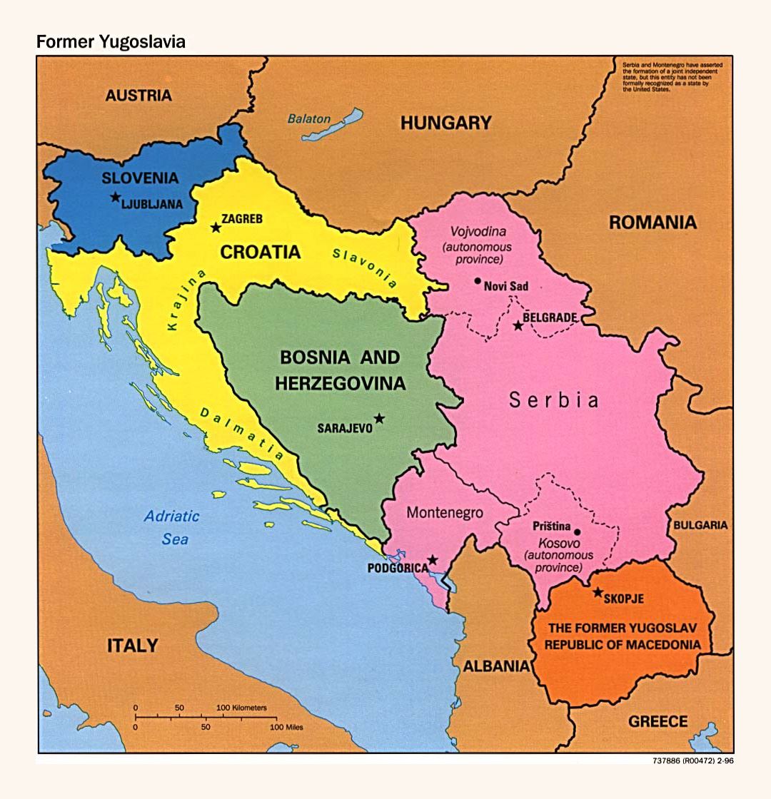Detailed political map of Yugoslavia - 1996