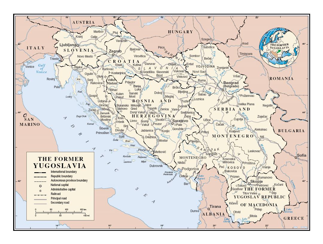 Detailed political map of Yugoslavia with roads, railroads and cities
