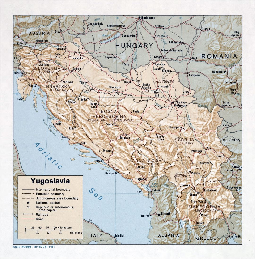 Large detailed political map of Yugoslavia with relief, roads, railroads and major cities - 1981