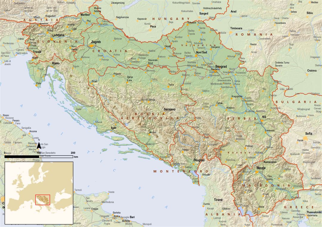 Large detailed political map of Yugoslavia with relief