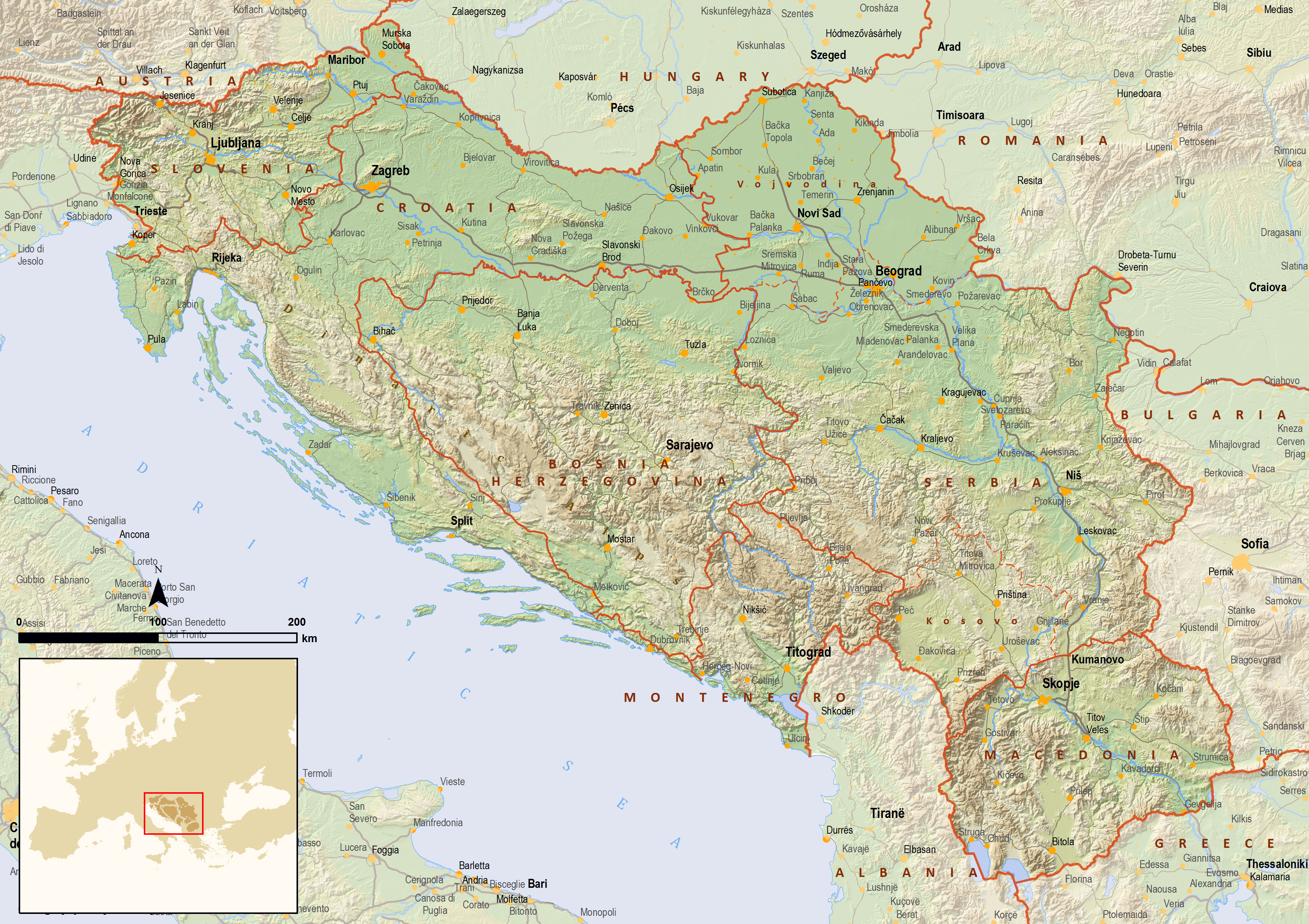 Large detailed political map of Yugoslavia with relief | Yugoslavia