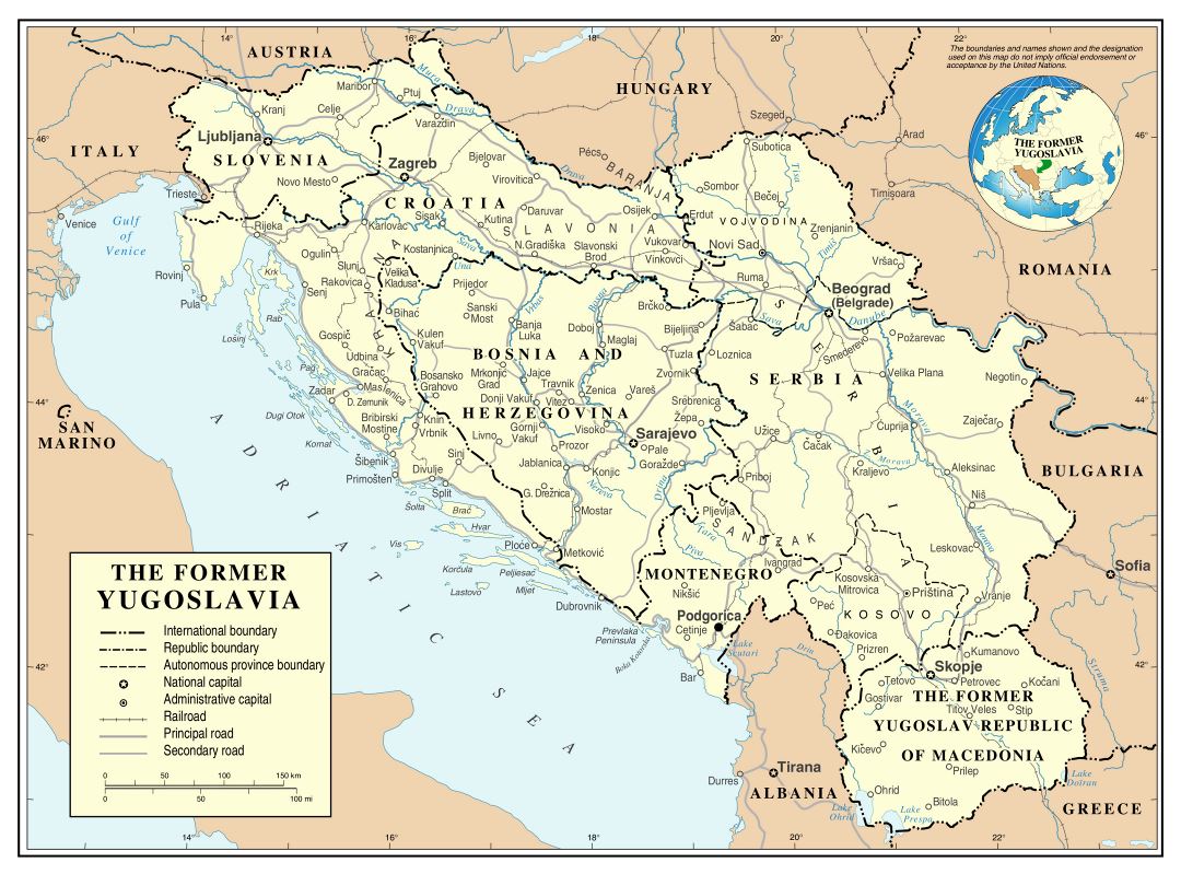 Large detailed political map of Yugoslavia with roads, railroads and cities