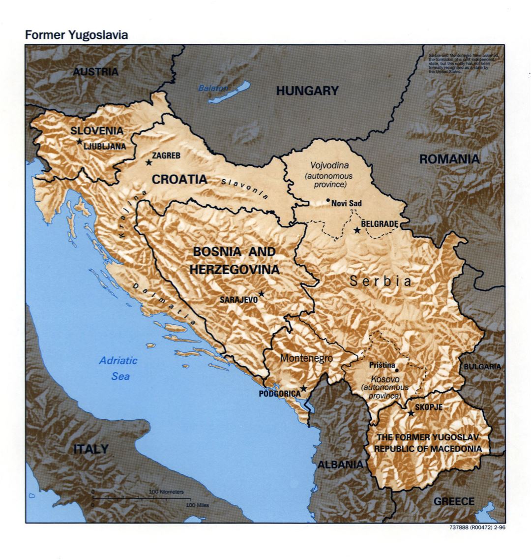 Large scale political map of Yugoslavia with relief - 1996