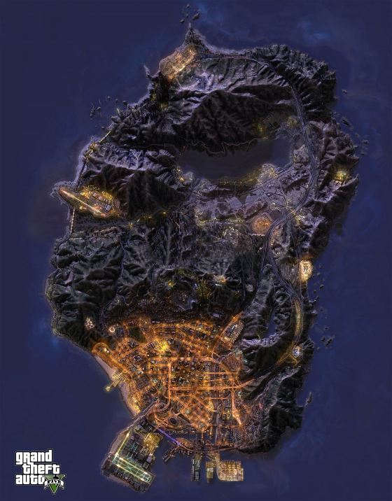 Large detailed GTA-V map at night