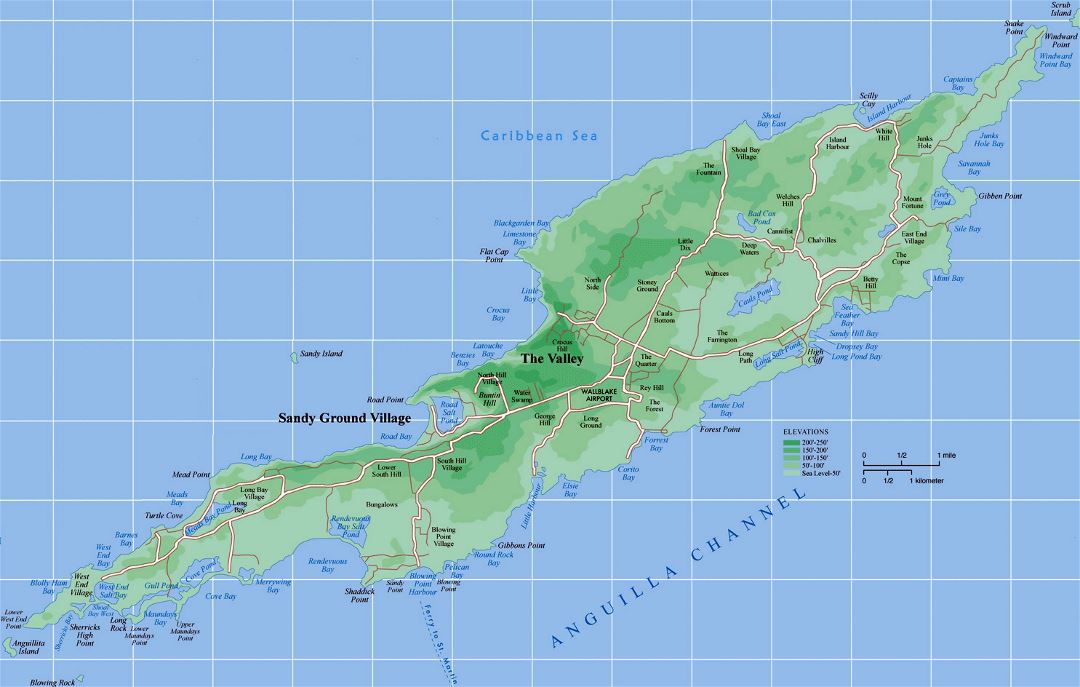 Detailed elevation map of Anguilla with roads and other marks