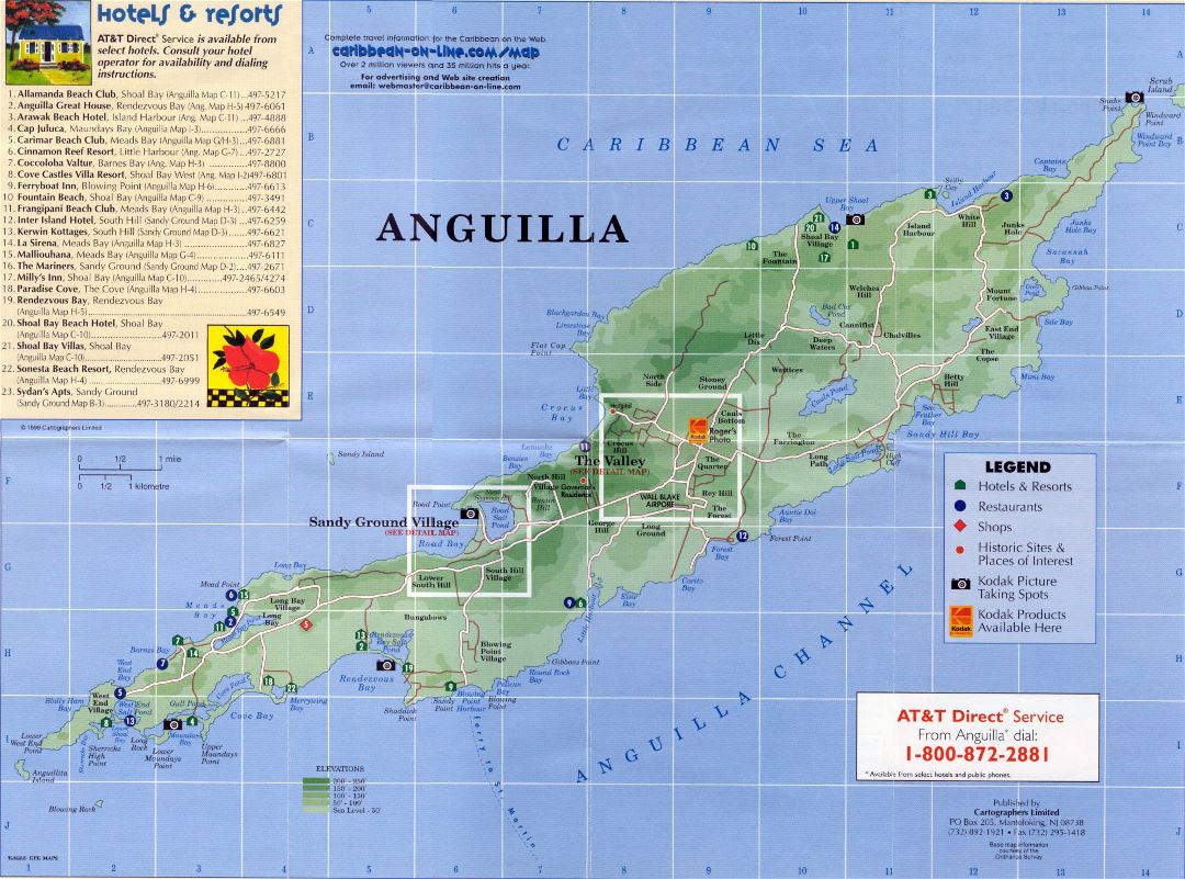 Large detailed elevation and tourist map of Anguilla with roads, hotels and other marks