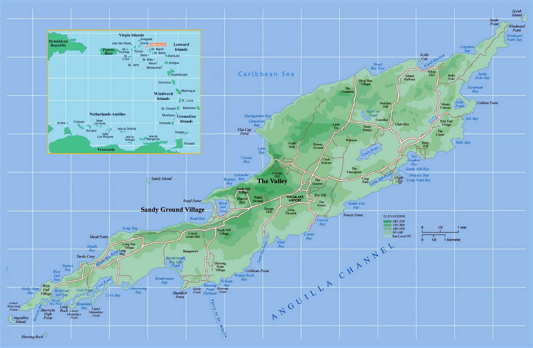 Large detailed political and elevation map of Anguilla with other marks