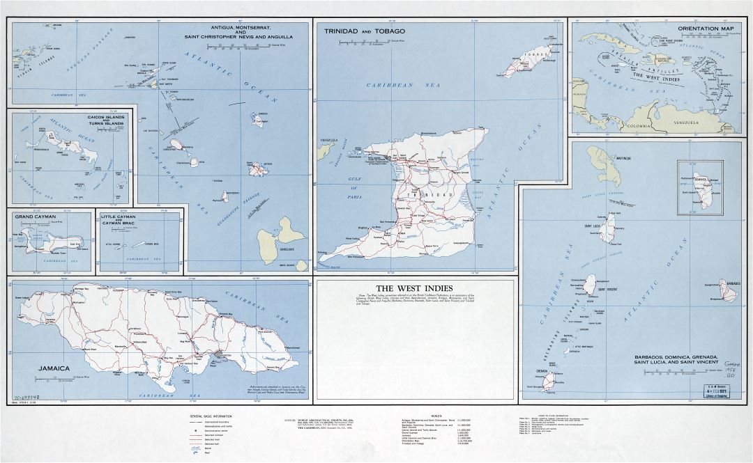 Large detailed political map of the West Indies with roads, railroads, cities, villages and other marks - 1958