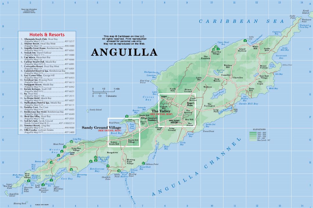 Large detailed road map and physical map of Anguilla with hotels