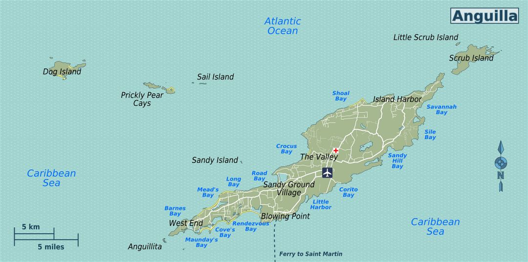 Large road map of Anguilla with other marks