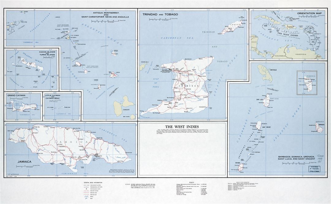 Large scale detailed political map of the West Indies with roads, railroads, cities, villages and other marks - 1958