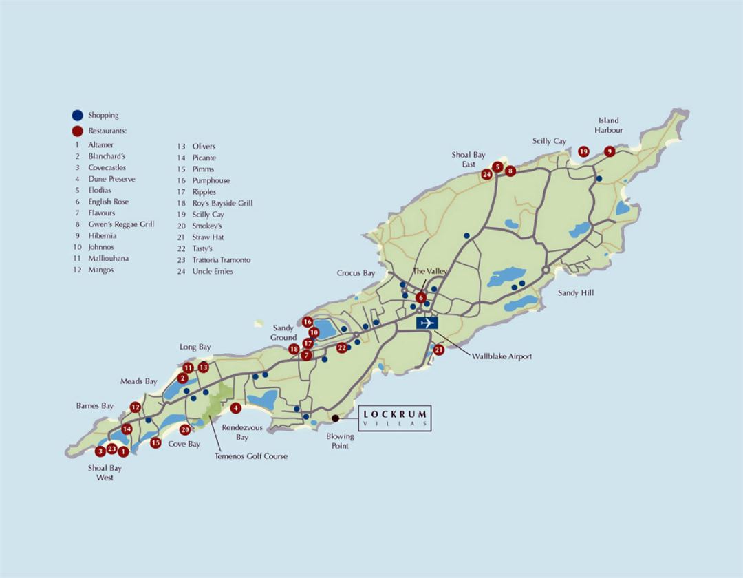 Tourist map of Anguilla with roads