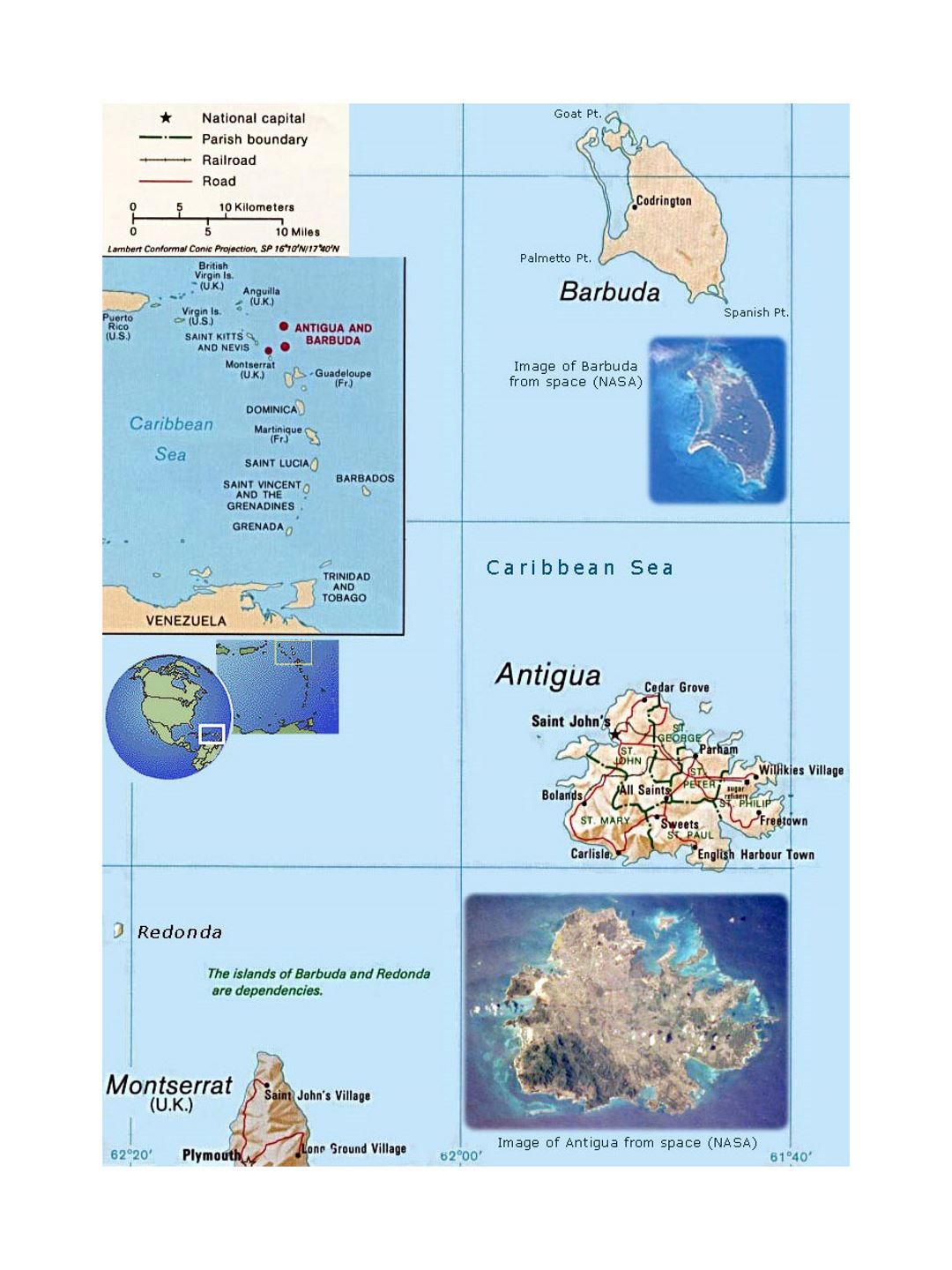 Detailed political map of Antigua and Barbuda with other marks