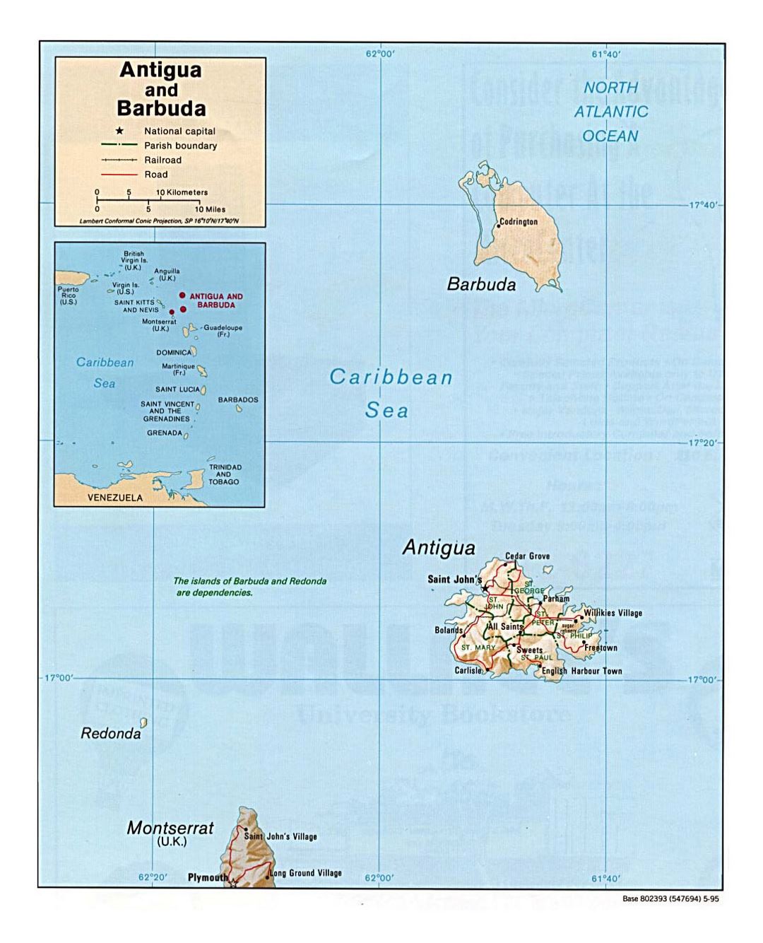 Detailed political map of Antigua and Barbuda with relief, roads, railroads and cities - 1995