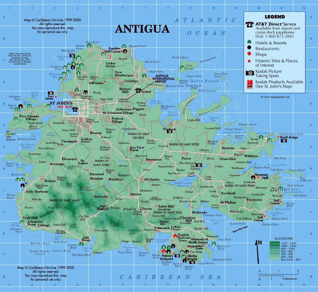 Detailed tourist and elevation map of Antigua with other marks