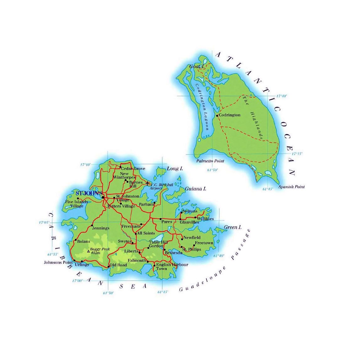 Large elevation map of Antigua and Barbuda with roads and cities