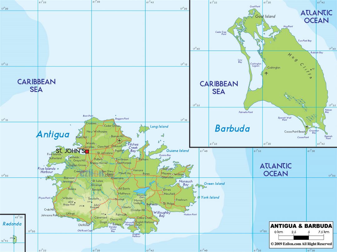 Large physical map of Antigua and Barbuda with roads, cities and airports
