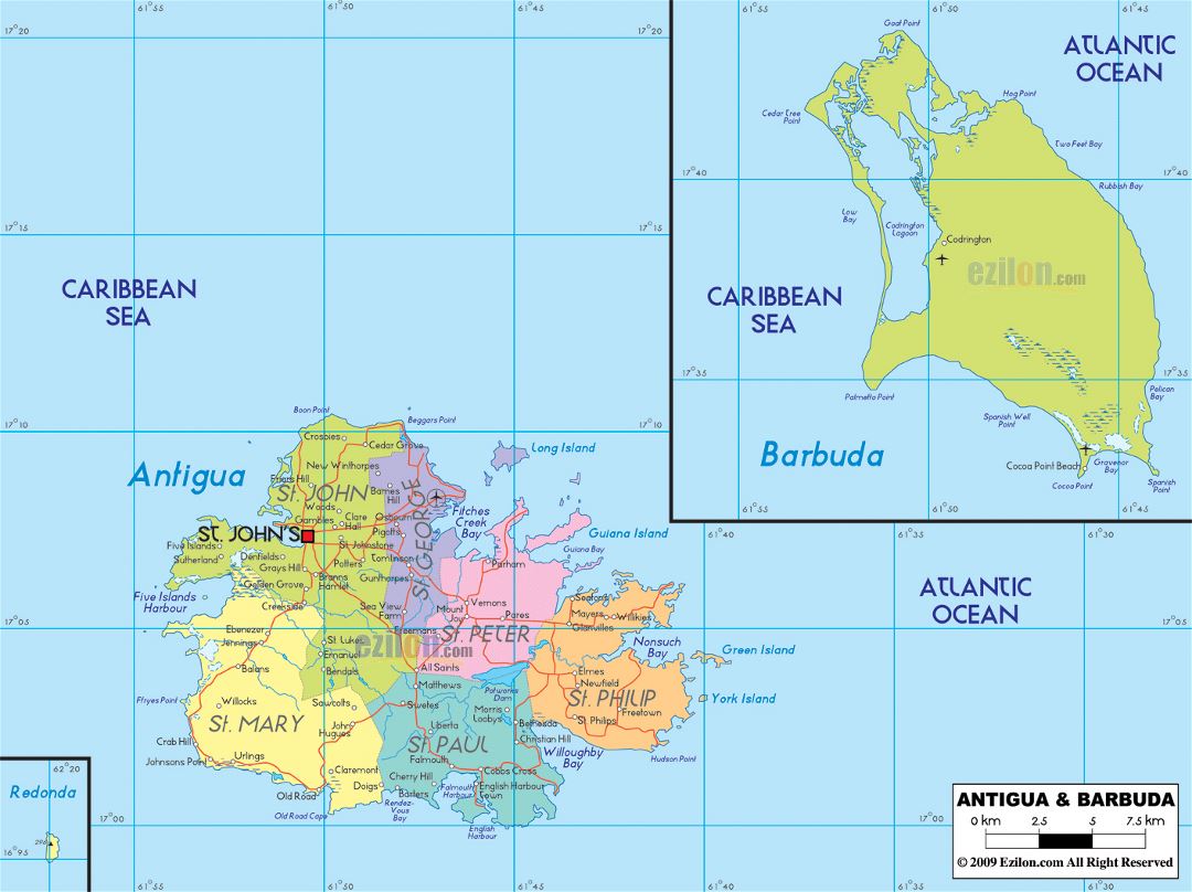 Large political and administrative map of Antigua and Barbuda with roads, cities and airports