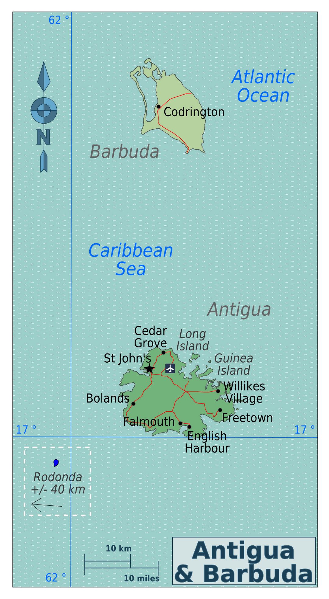 Large political map of Antigua and Barbuda with roads, cities and airports