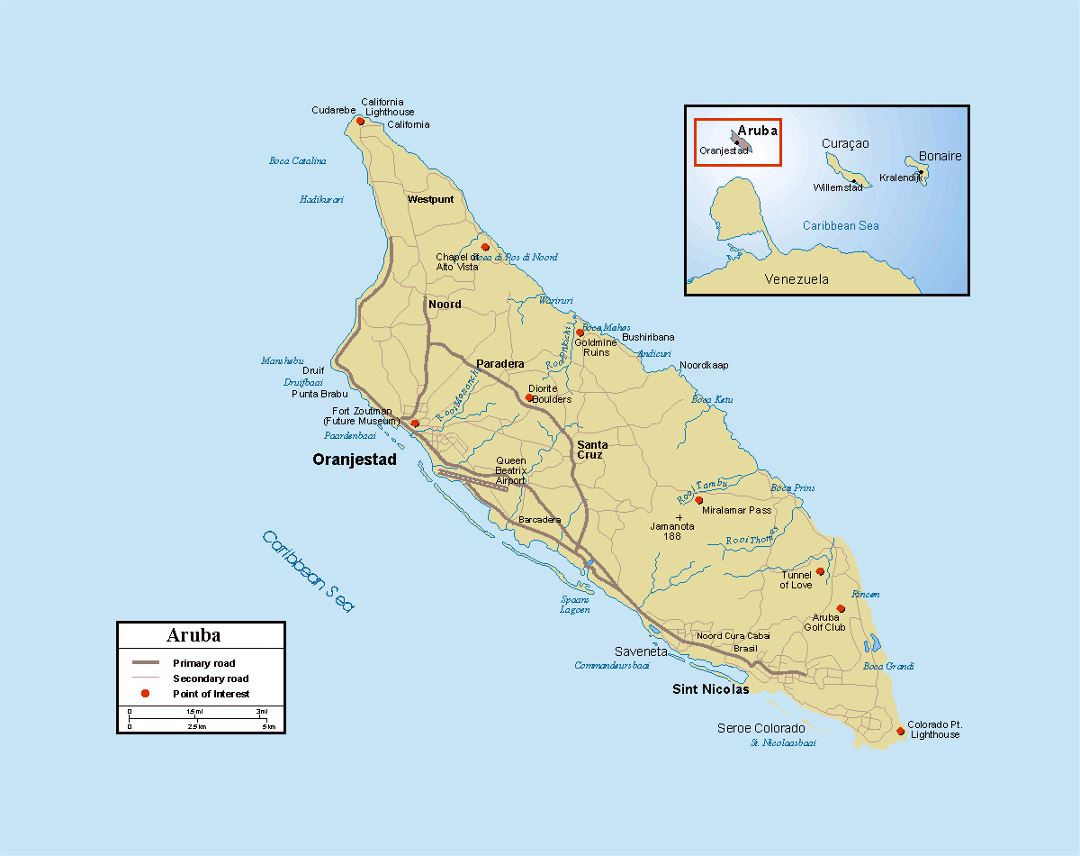 Detailed political map of Aruba with roads, cities and other marks