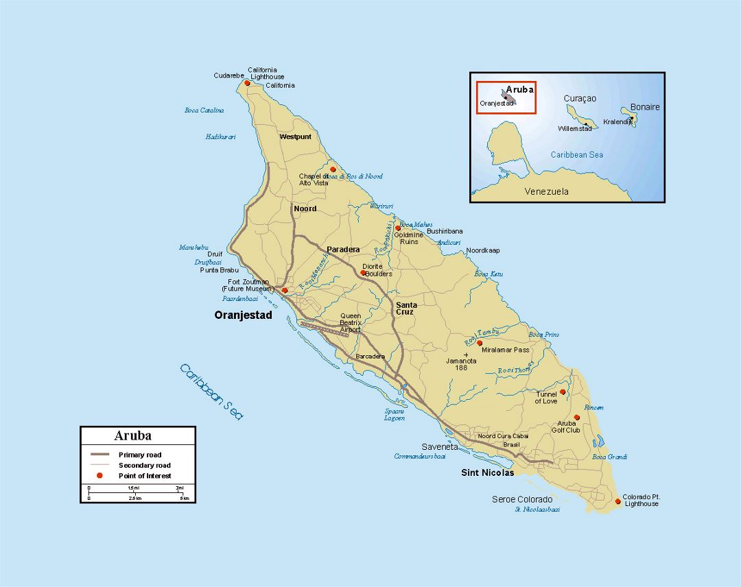Detailed political map of Aruba with roads, cities and other marks