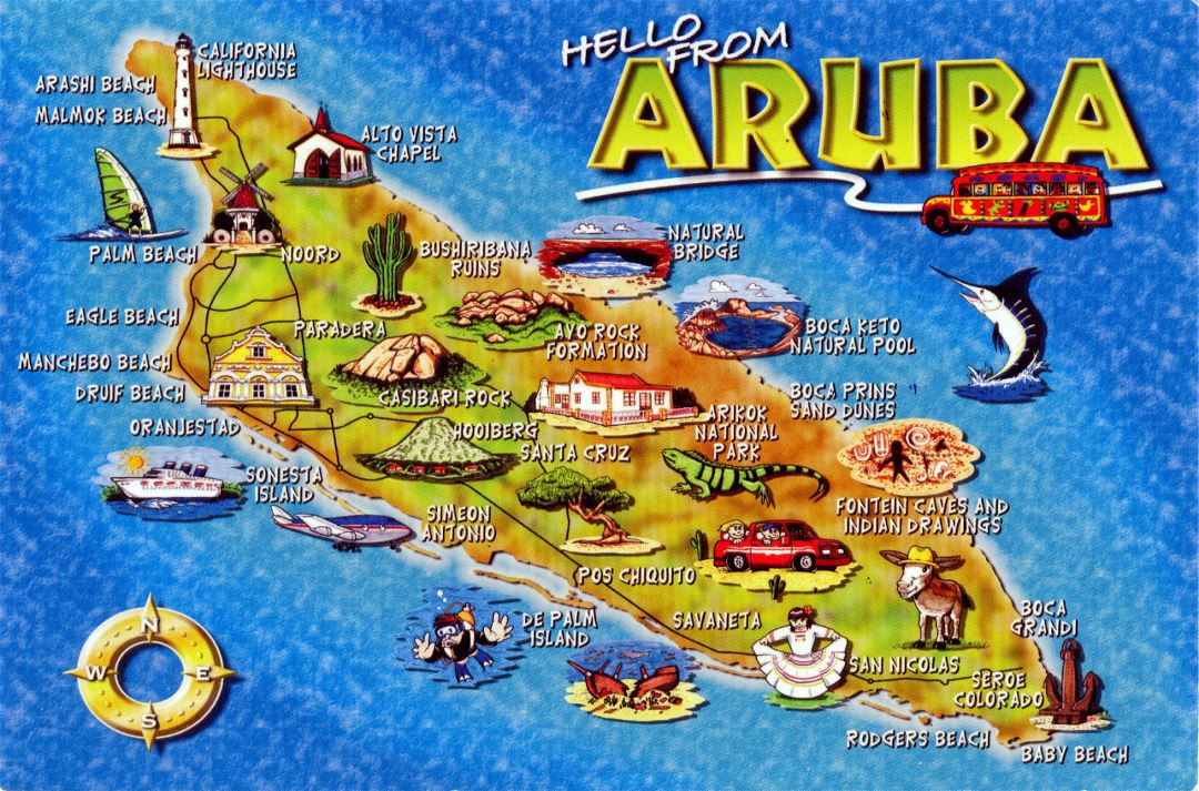 Large tourist illustrated map of Aruba