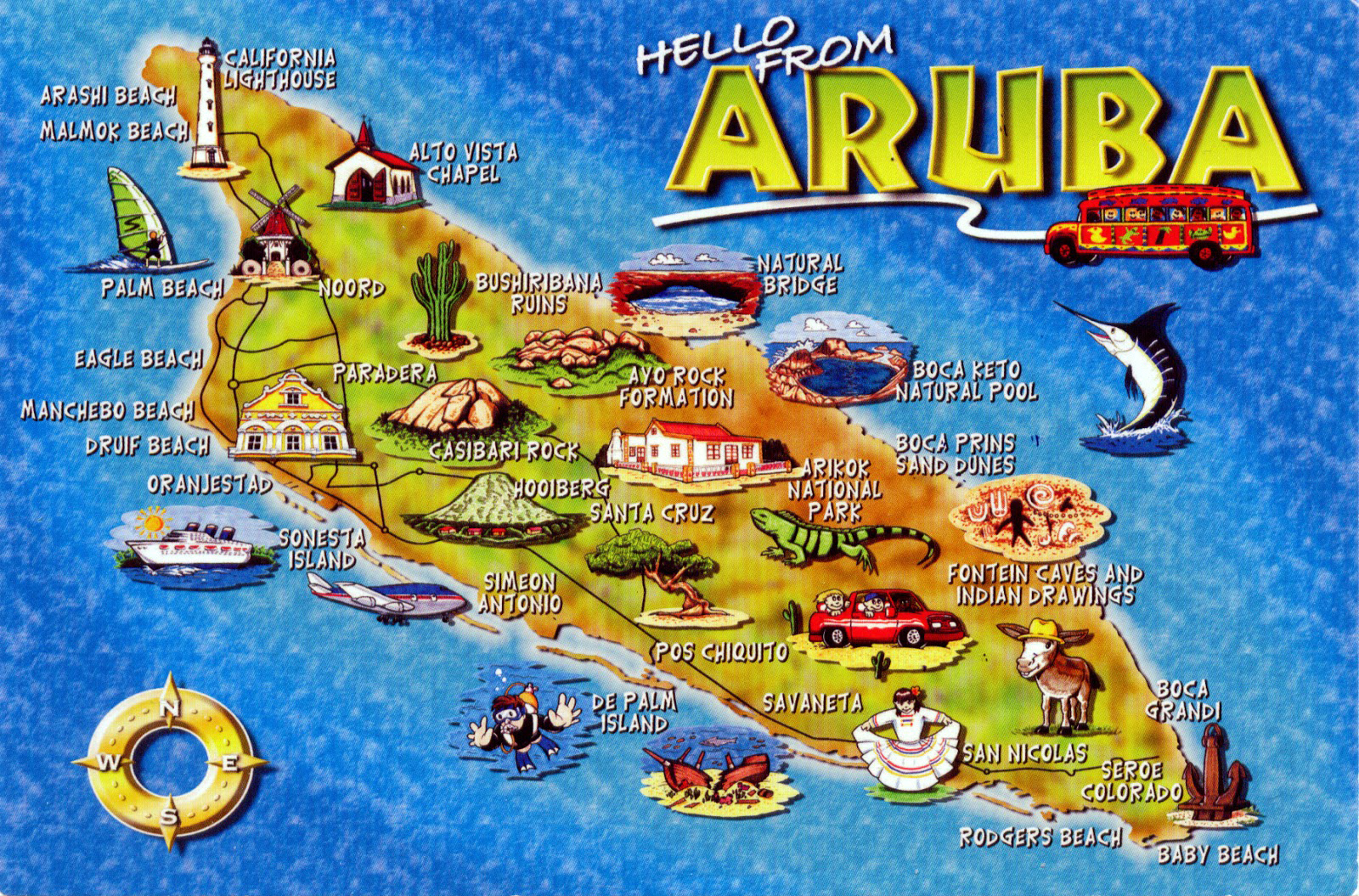 Large tourist illustrated map of Aruba Aruba North America