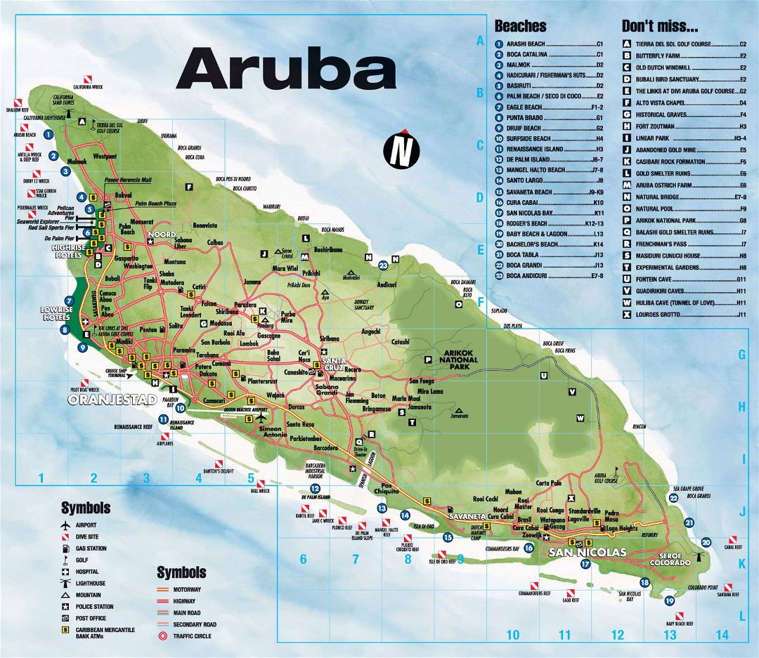 Large tourist map of Aruba with roads and other marks