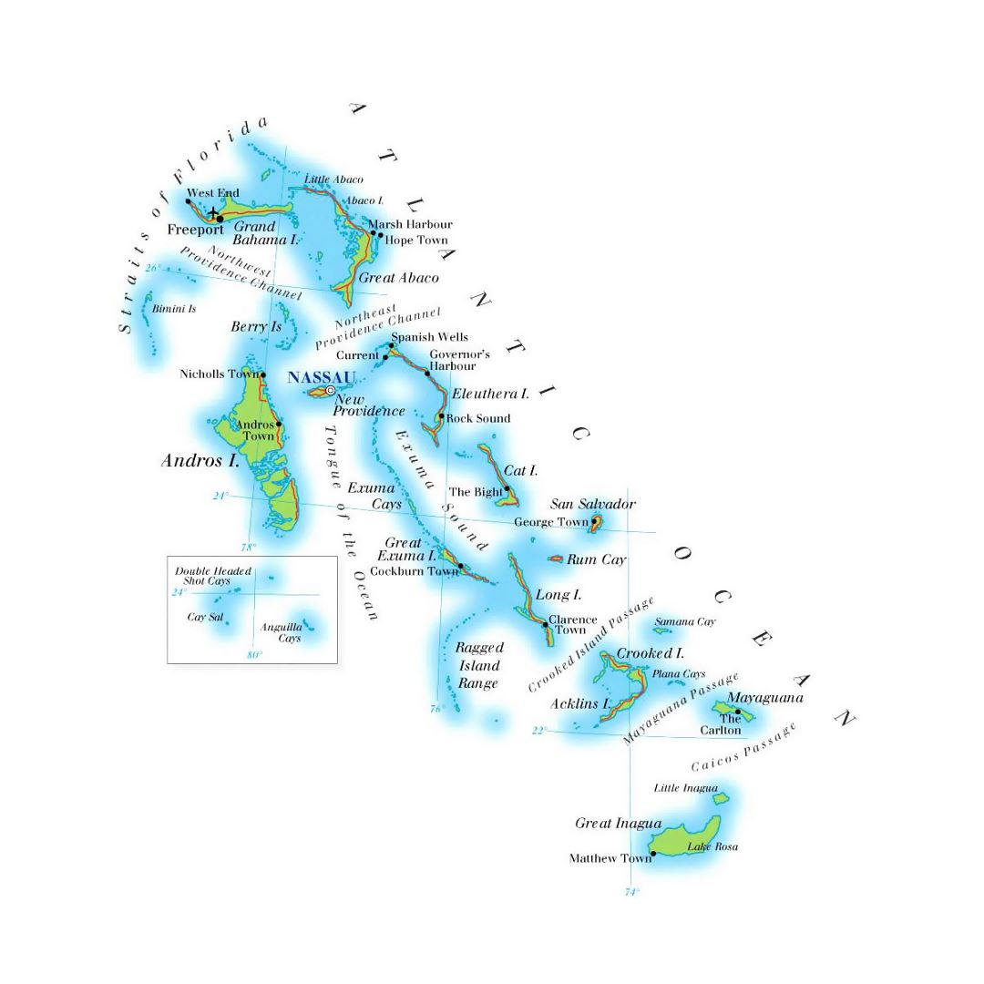 Detailed elevation map of Bahamas with roads, cities and airports