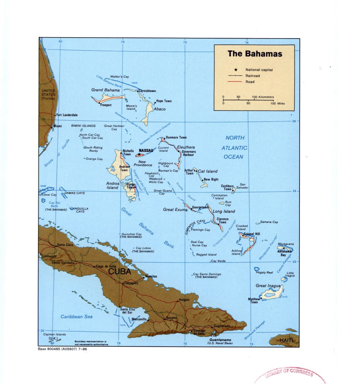 Large detailed political map of Bahamas with relief, roads, railroads and major cities - 1986
