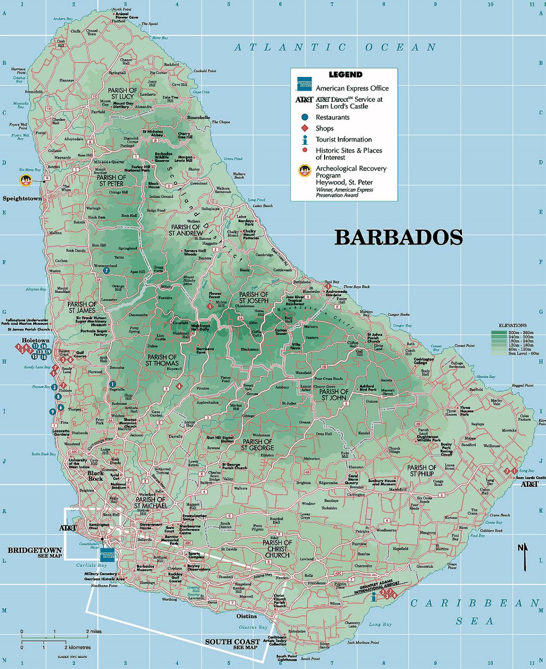 Detailed tourist and elevation map of Barbados with other marks