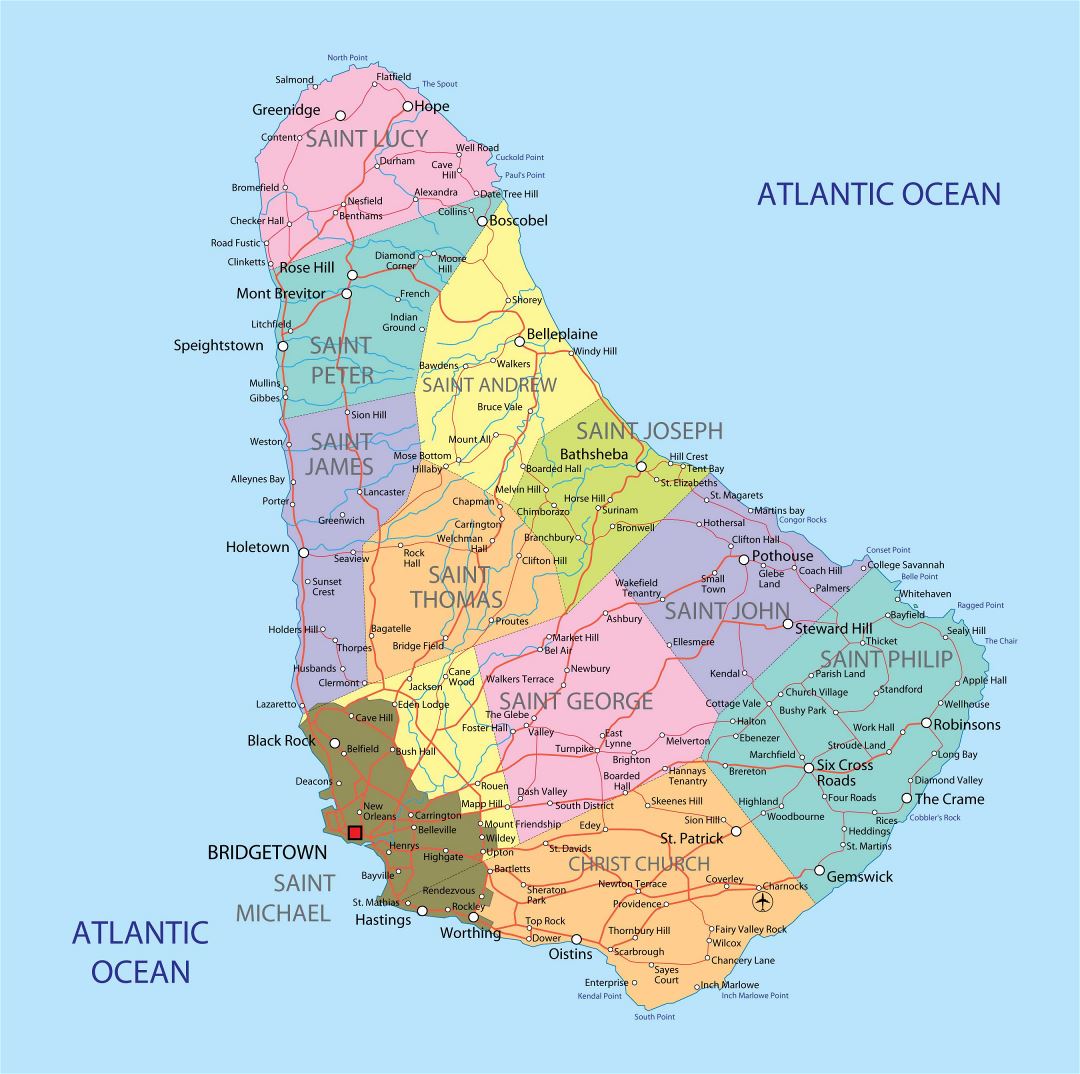 Large detailed administrative map of Barbados with roads, cities, villages and airports