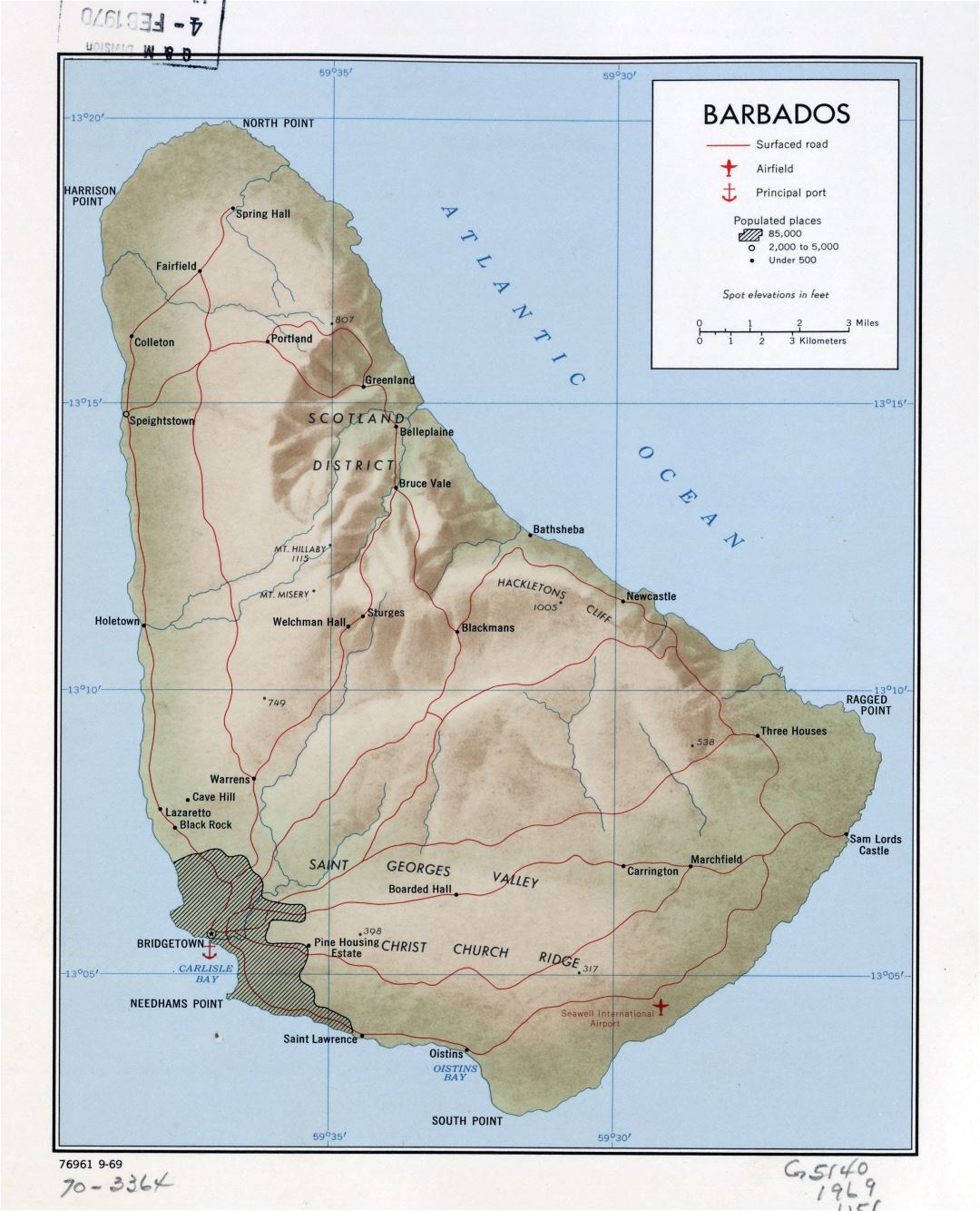 Large detailed political map of Barbados with relief, roads, cities, ports and airports - 1969