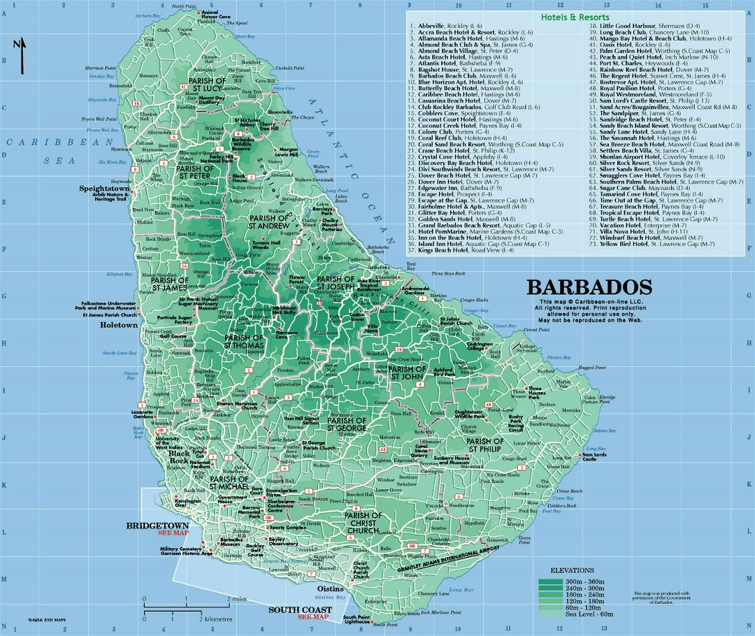 Large tourist and elevation map of Barbados with other marks