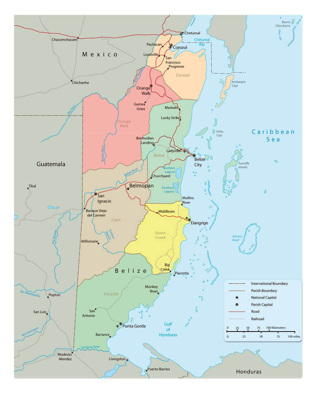 Detailed political and administrative map of Belize with roads, cities and airports