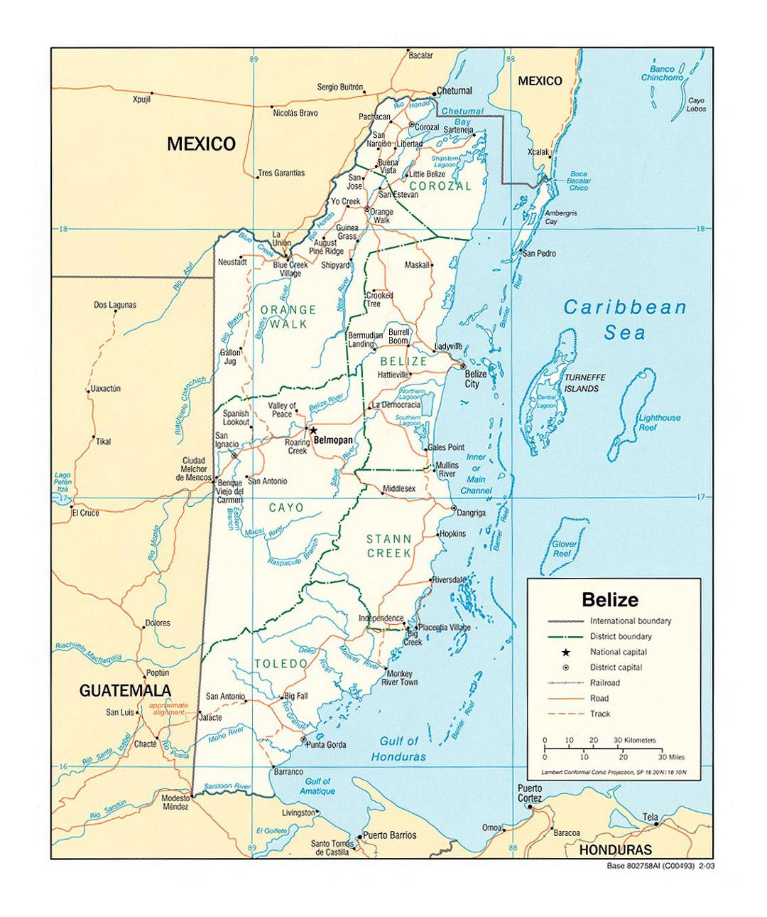 Detailed political and administrative map of Belize with roads, railroads and major cities - 2003