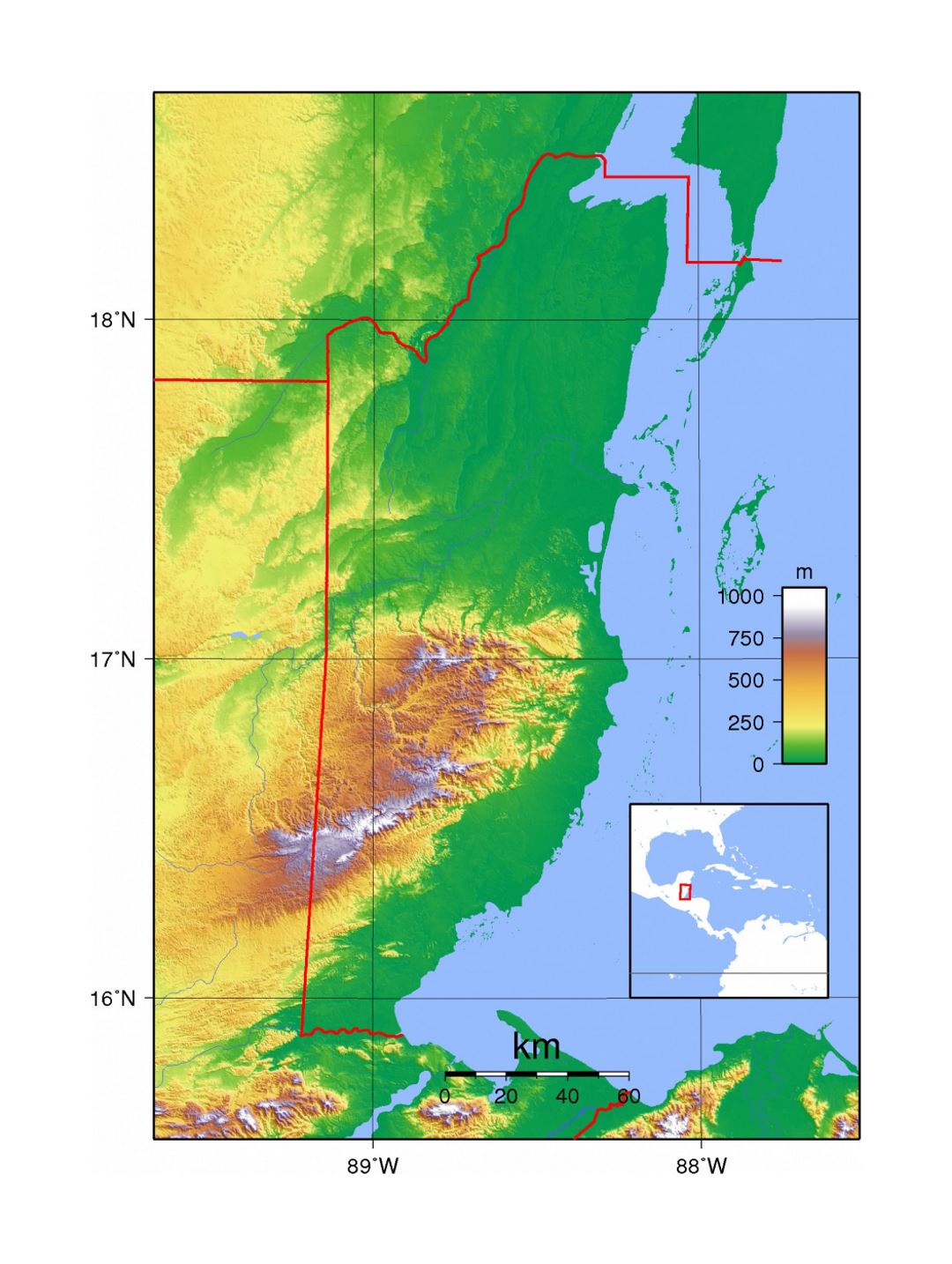 Detailed topographical map of Belize