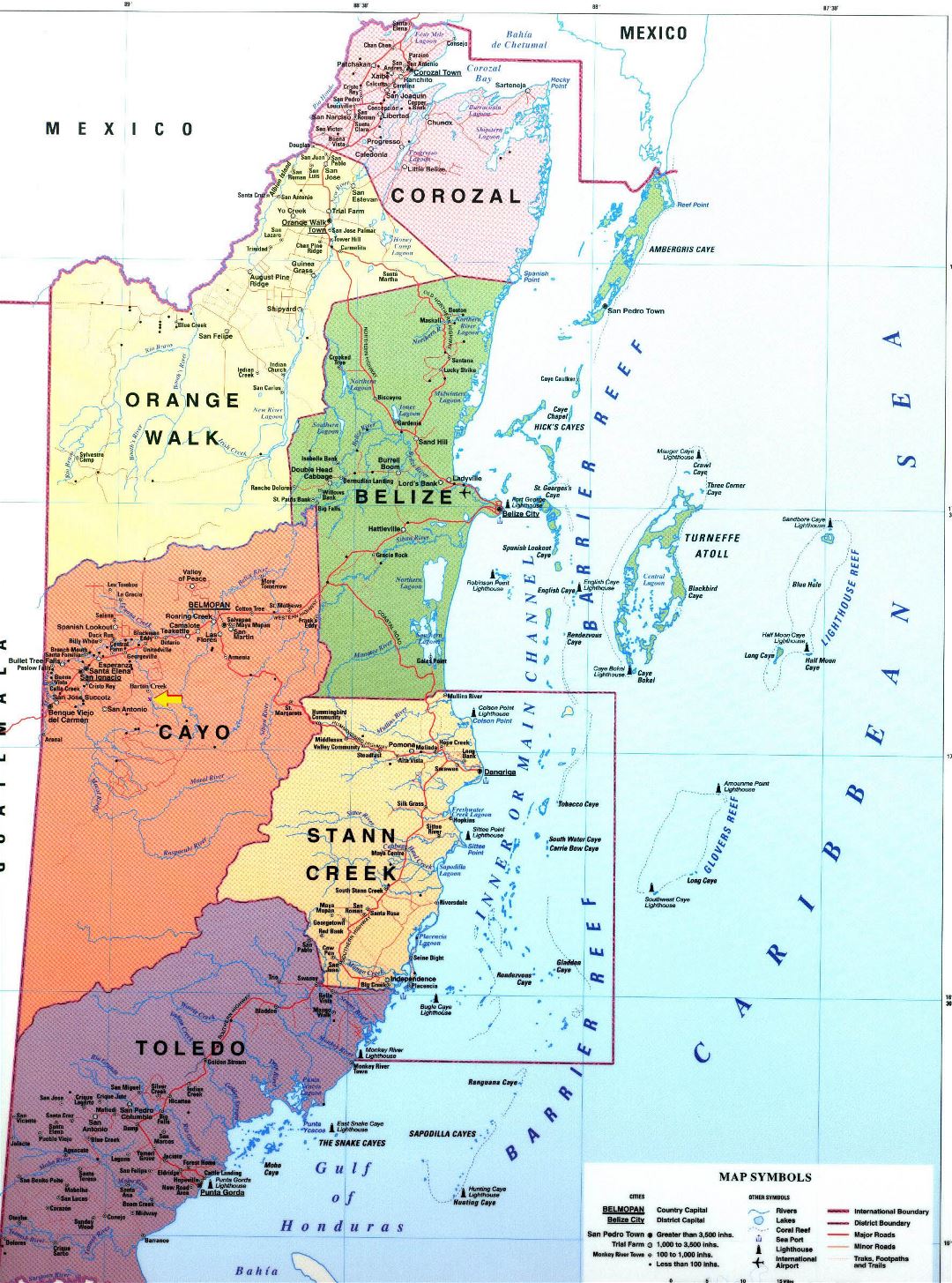 Large administrative map of Belize with roads and other marks