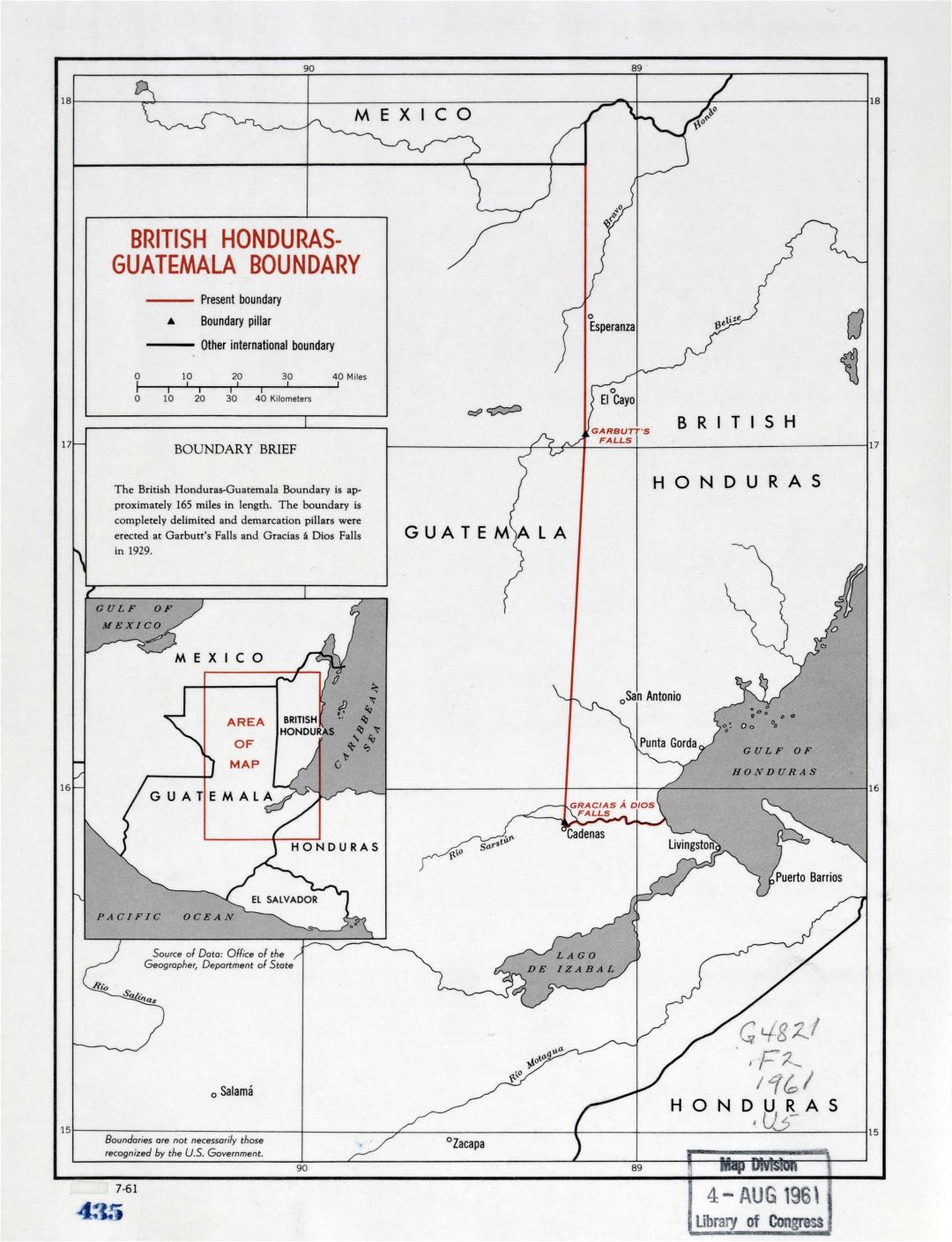 Large detailed British Honduras - Guatemala boundary map - 1961