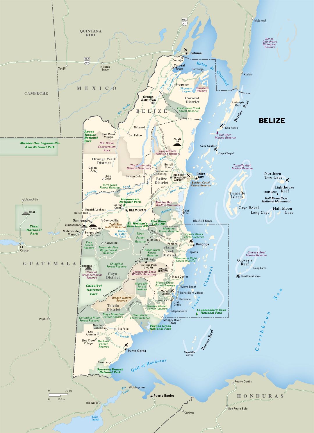 Large detailed map of Belize with major roads, cities, forest reserves, airports and other marks