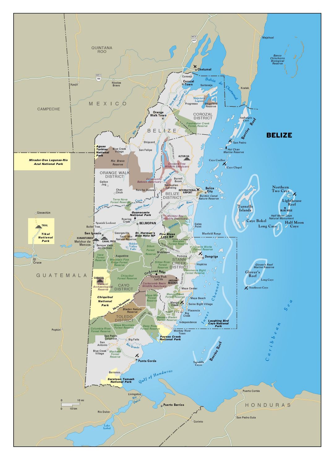 Large detailed map of Belize with major roads, cities, forest reserves and other marks