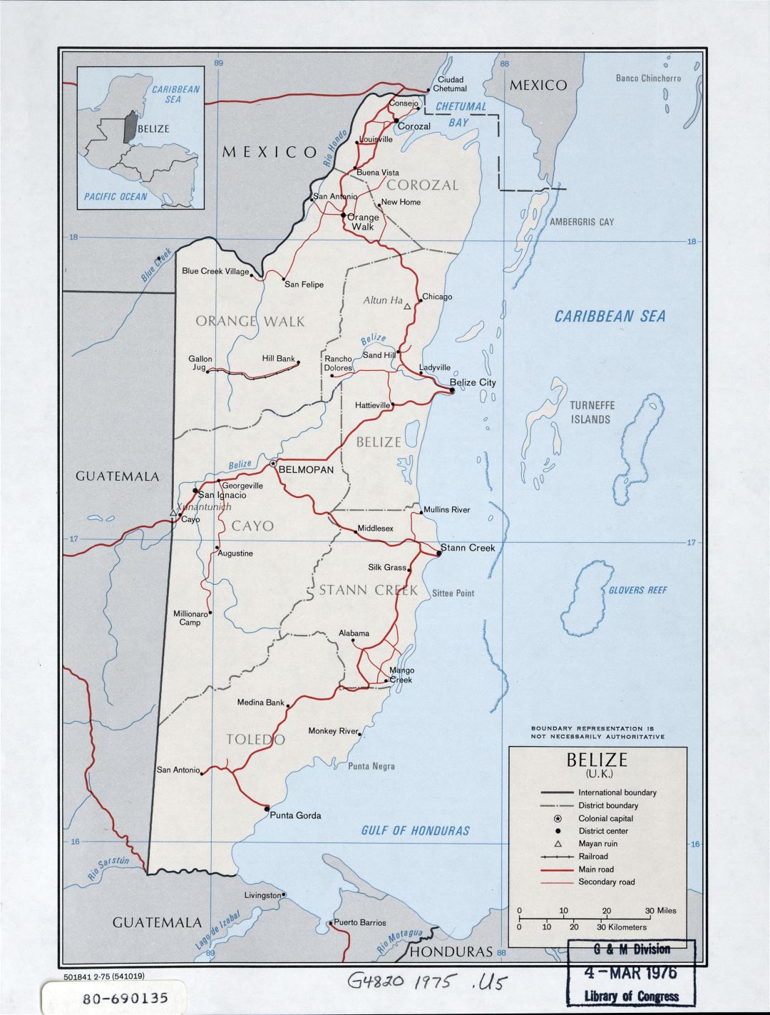 Large detailed political and administrative map of Belize with roads, railroads, major cities and other marks - 1975